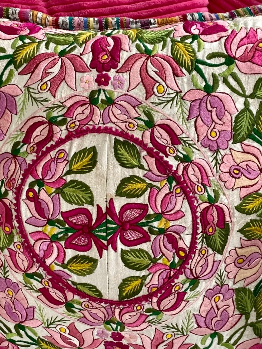 Flowered Pillow, Cushion, Embroidered Asian Design. Square. Washable. Zipper